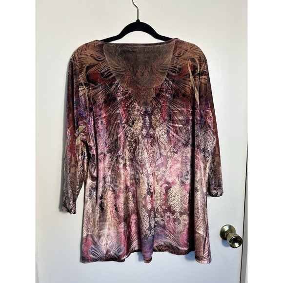 One World 2X Top Velvet Burnout Purple Pink Boho Embellished V-Neck 3/4 Sleeve - Picture 10 of 11